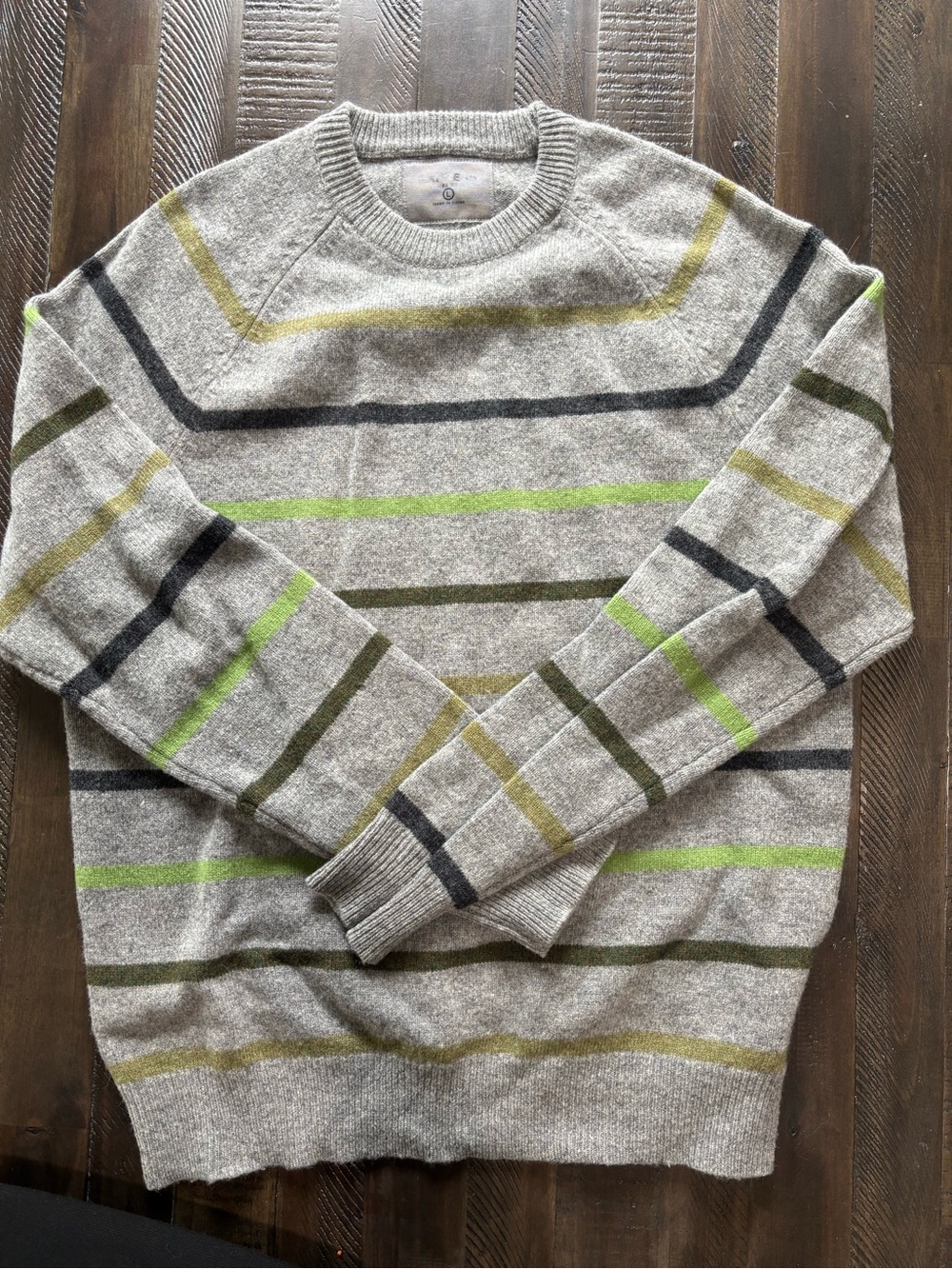 Express Men's Grey Crewneck Sweater with Green & Olive Stripes